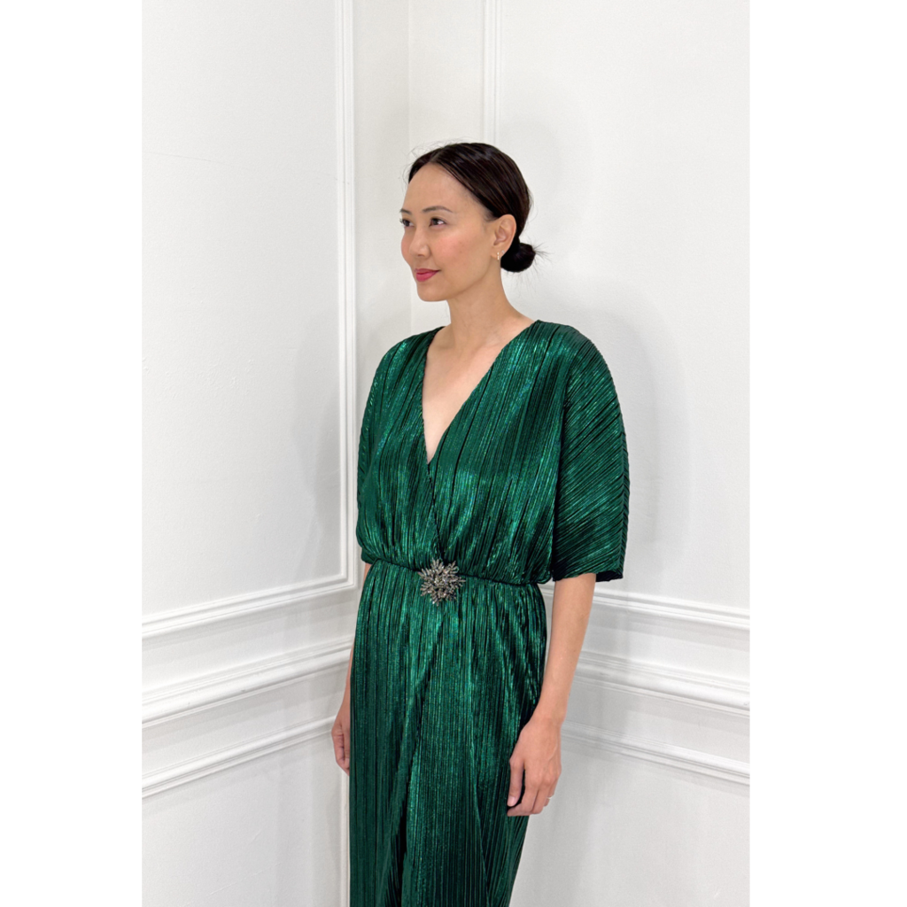 House of Harlow Green Metallic Snowflake Brooch Dress, S