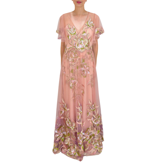 Marchesa Notte Pink Floral Applique Tulle Gown, 8 (NWT)