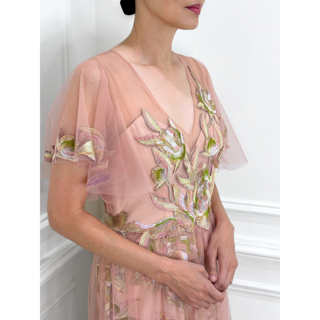 Marchesa Notte Pink Floral Applique Tulle Gown, 8 (NWT)