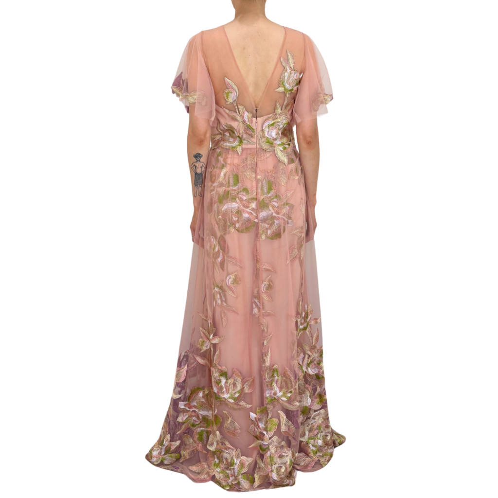 Marchesa Notte Pink Floral Applique Tulle Gown, 8 (NWT)
