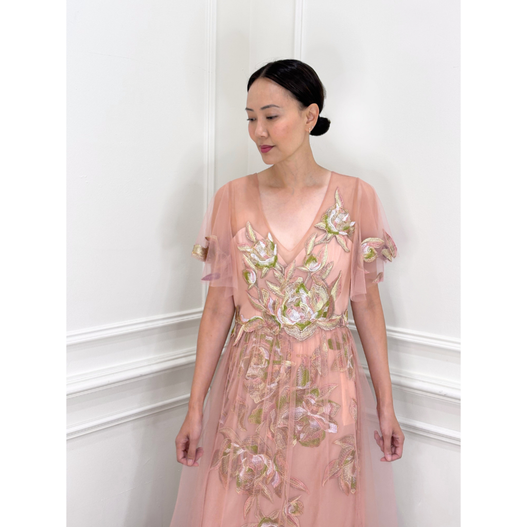 Marchesa Notte Pink Floral Applique Tulle Gown, 8 (NWT)
