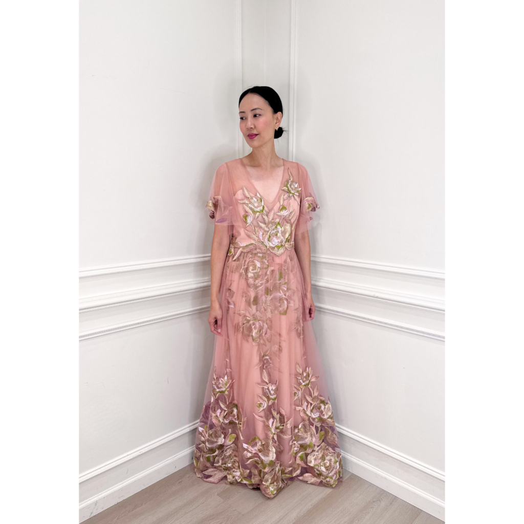 Marchesa Notte Pink Floral Applique Tulle Gown, 8 (NWT)