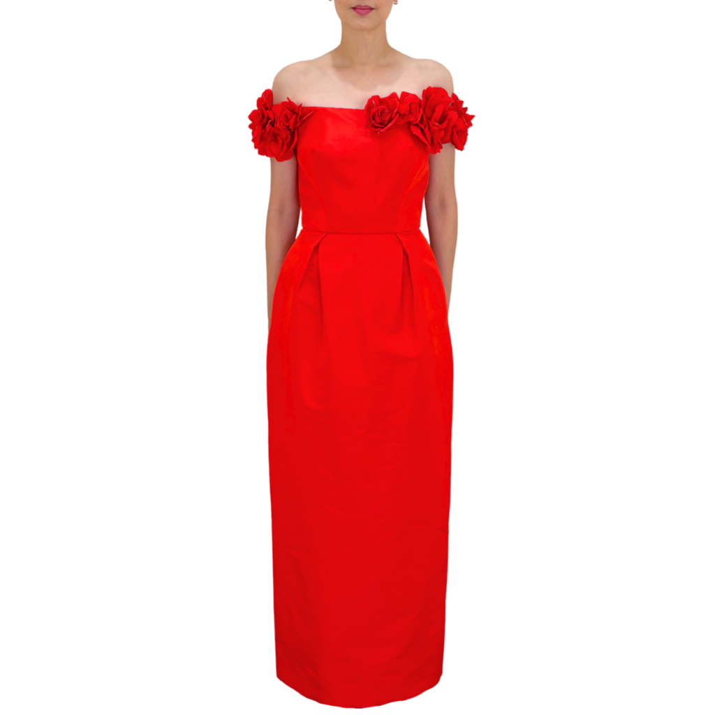 Monique Lhuillier Red Floral Column Off Shoulder Gown, 6