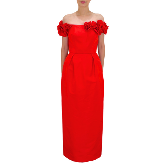 Monique Lhuillier Red Floral Column Off Shoulder Gown, 6