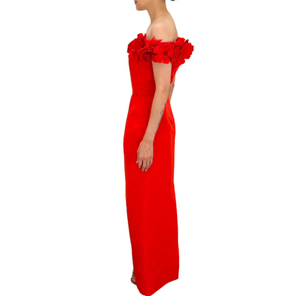 Monique Lhuillier Red Floral Column Off Shoulder Gown, 6