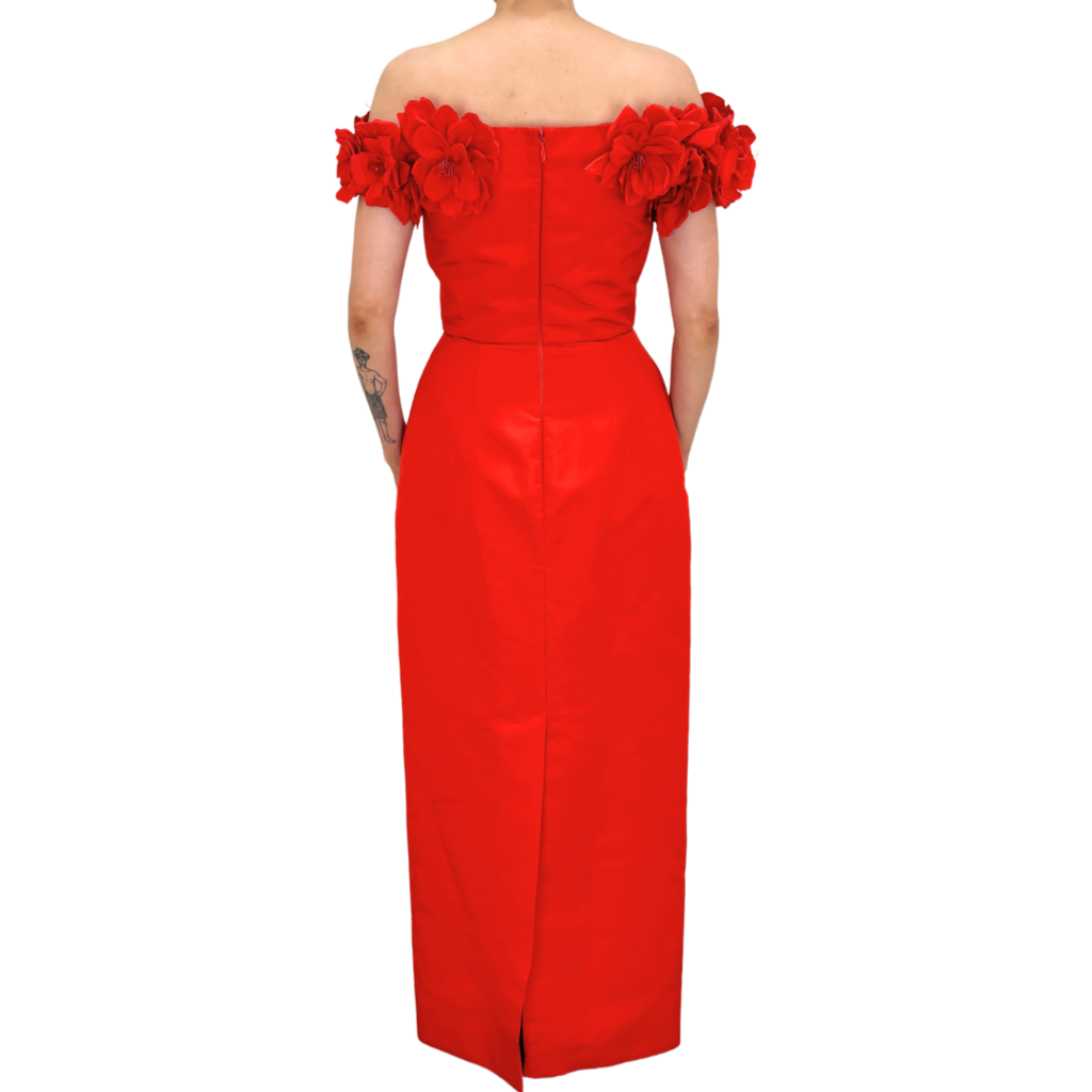 Monique Lhuillier Red Floral Column Off Shoulder Gown, 6