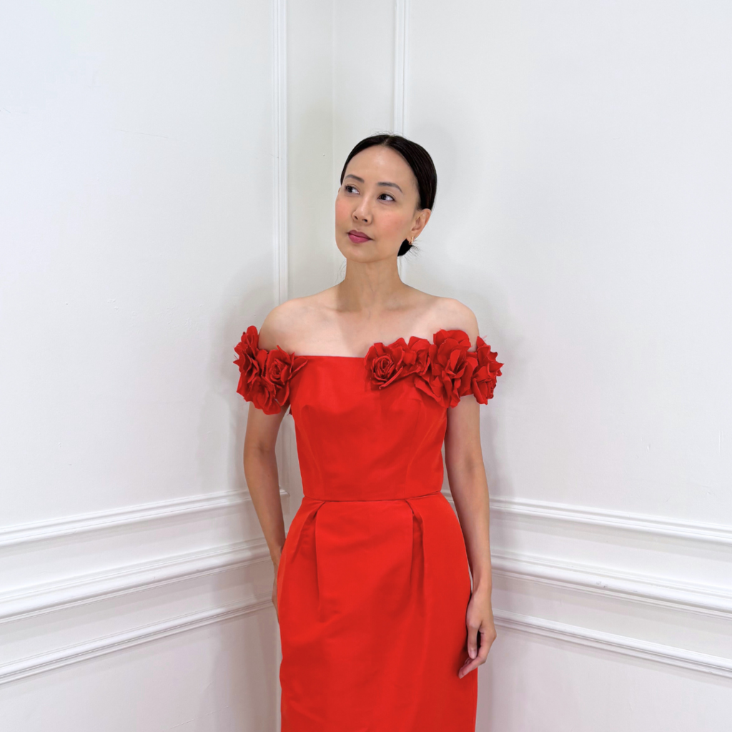 Monique Lhuillier Red Floral Column Off Shoulder Gown, 6