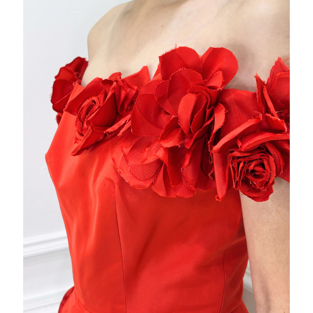 Monique Lhuillier Red Floral Column Off Shoulder Gown, 6