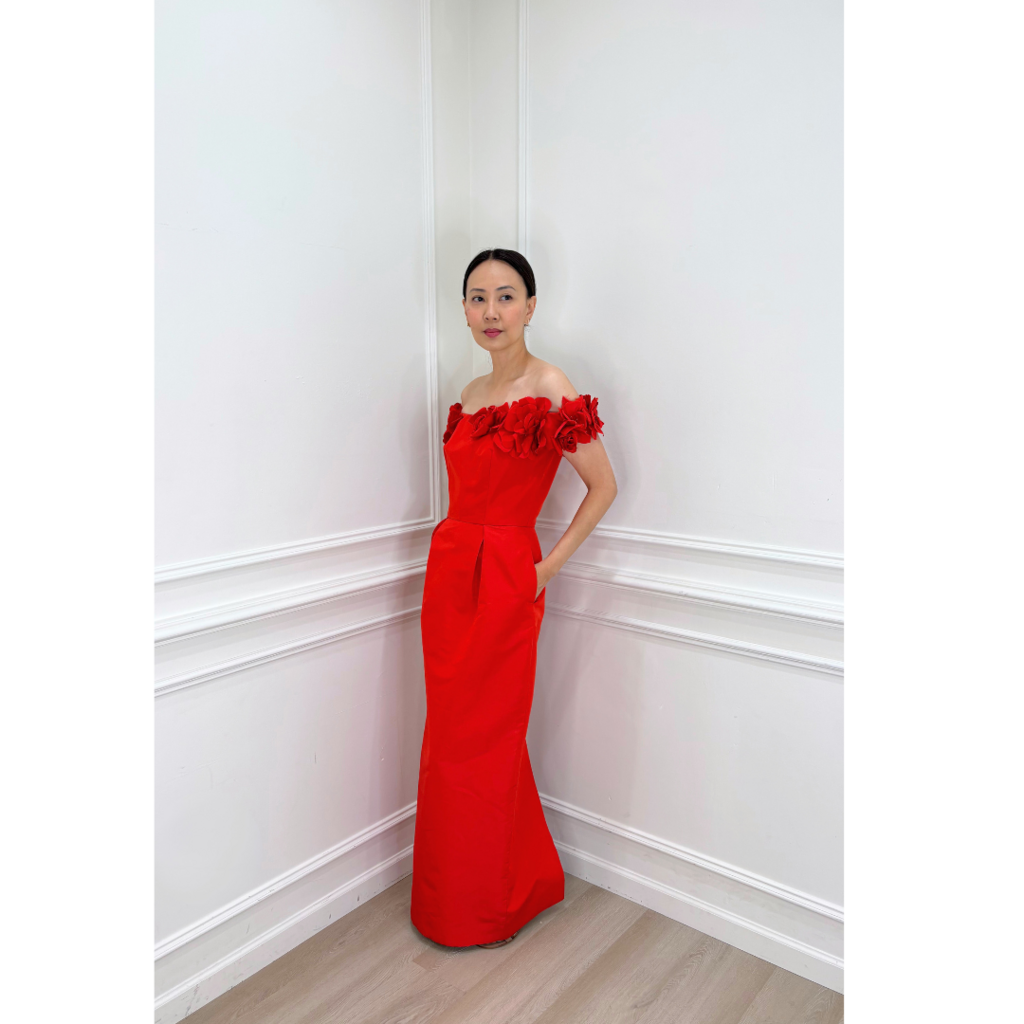 Monique Lhuillier Red Floral Column Off Shoulder Gown, 6