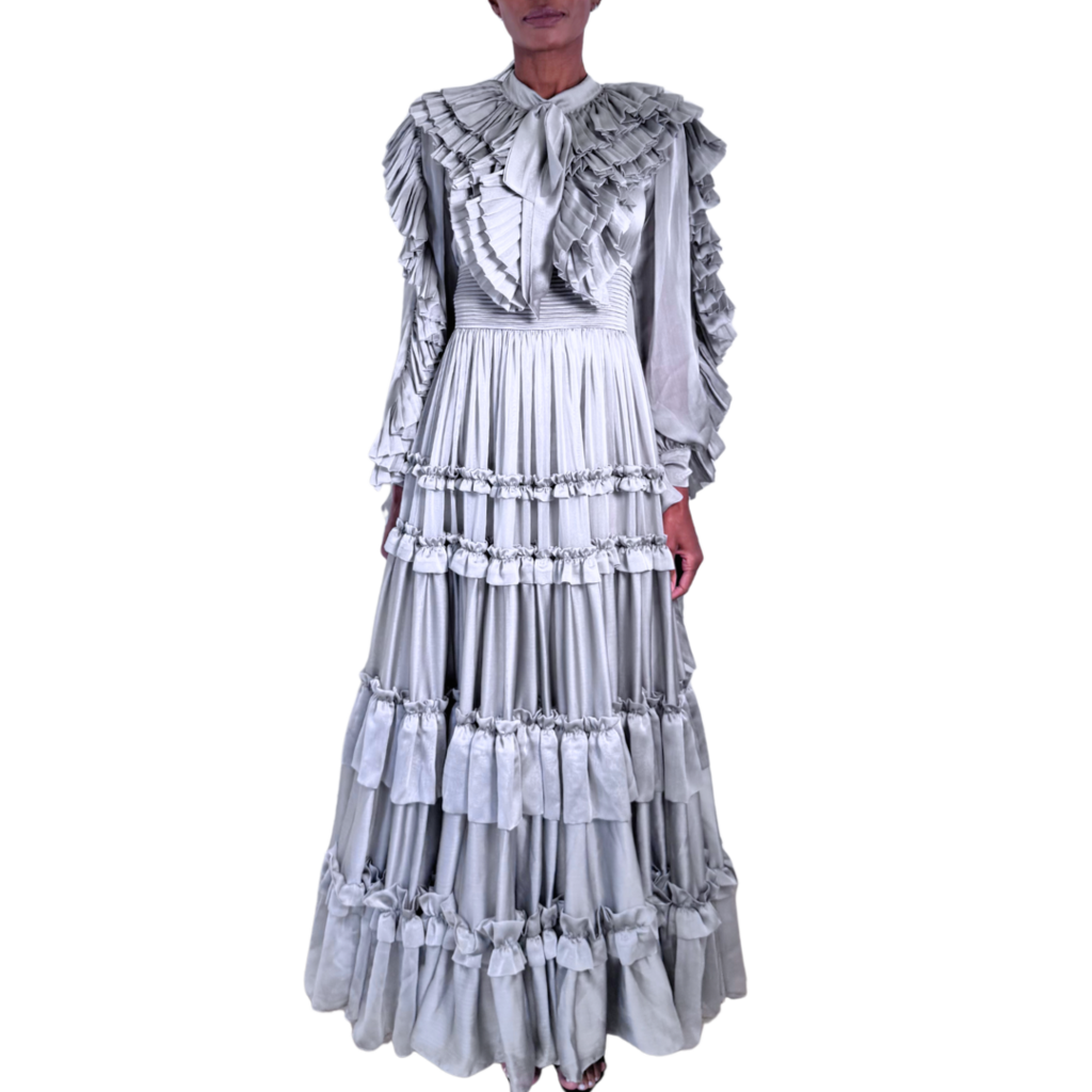 Carlos Pineda Silver Ruffle Tiered Gown, S