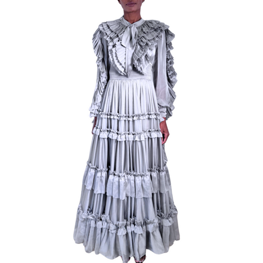 Carlos Pineda Silver Ruffle Tiered Gown, S