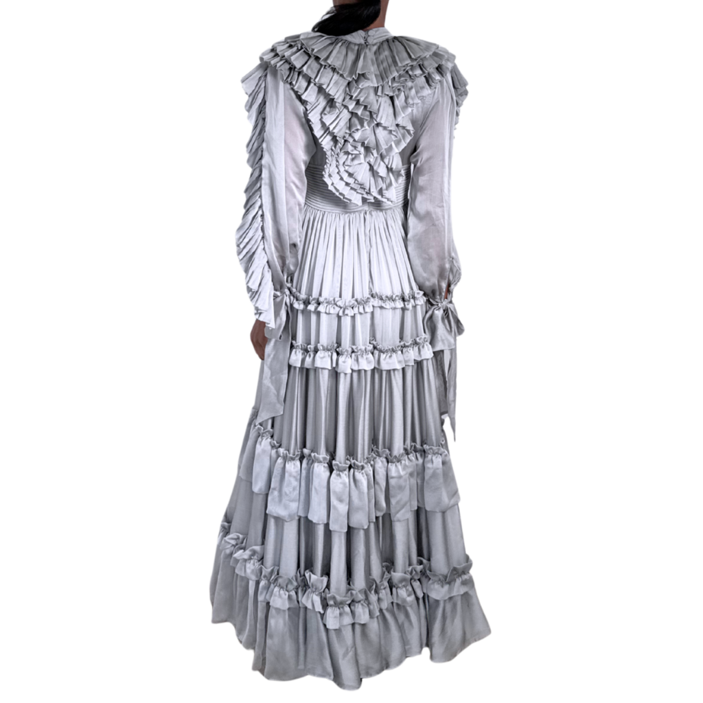 Carlos Pineda Silver Ruffle Tiered Gown, S
