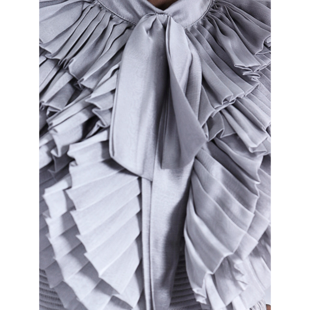 Carlos Pineda Silver Ruffle Tiered Gown, S