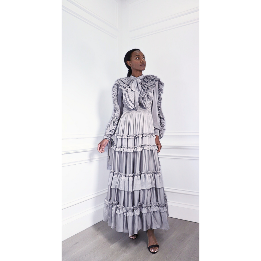 Carlos Pineda Silver Ruffle Tiered Gown, S
