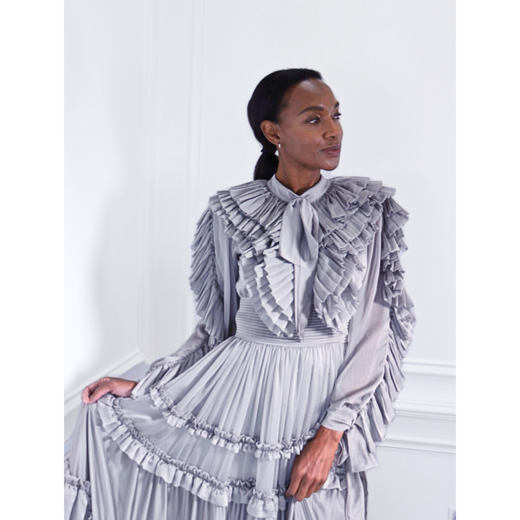 Carlos Pineda Silver Ruffle Tiered Gown, S