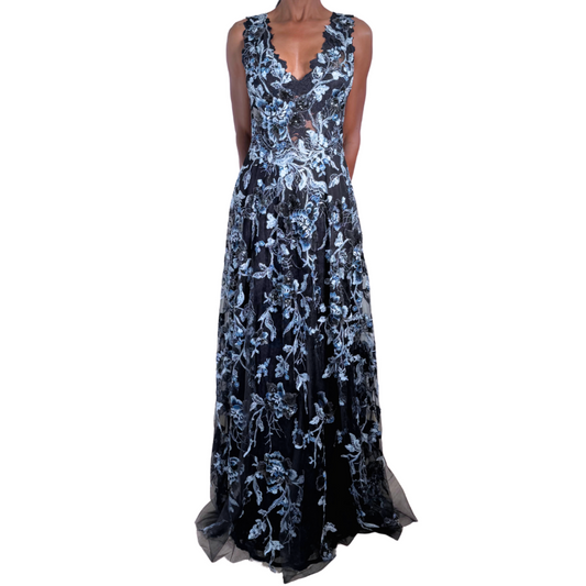 Olvis Blue & White Floral Applique Black Lace Gown, S (NWT)