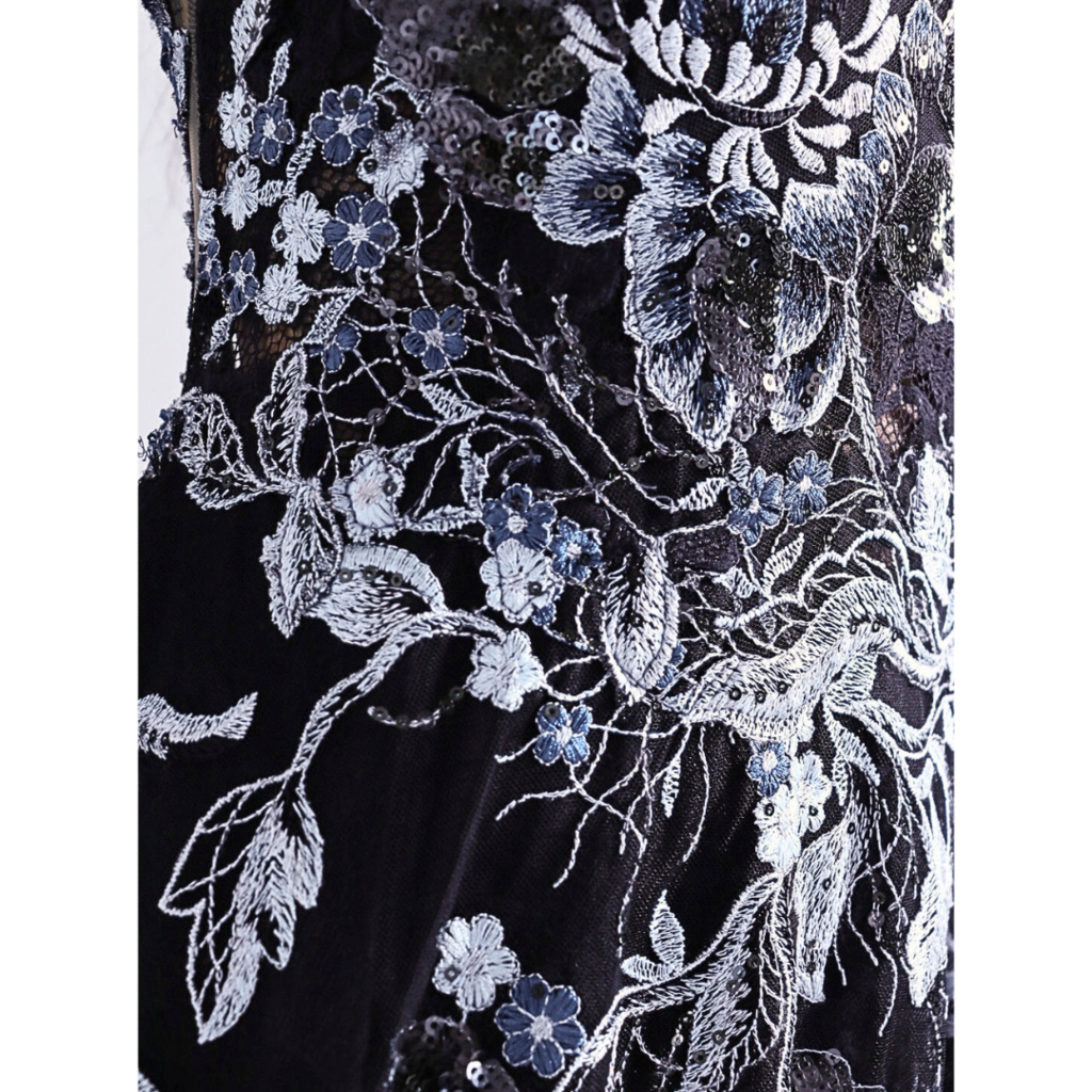 Olvis Blue & White Floral Applique Black Lace Gown, S (NWT)