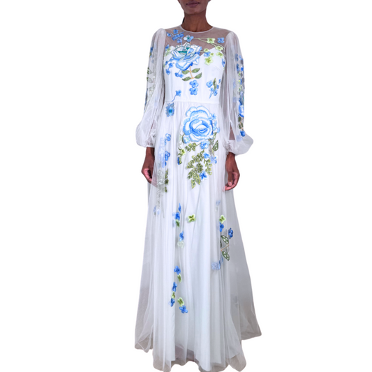 Monique Lhuillier Blue Floral Mesh Long Sleeve Gown, 4 (AS IS)