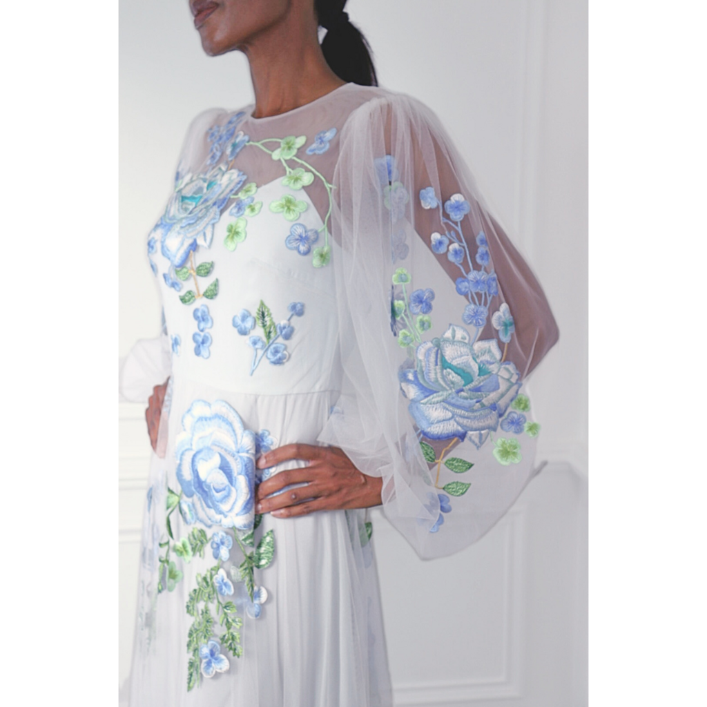 Monique Lhuillier Blue Floral Mesh Long Sleeve Gown, 4 (AS IS)