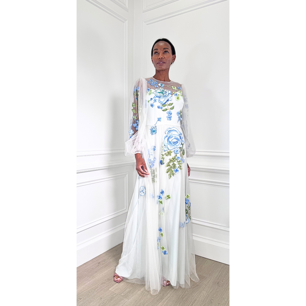 Monique Lhuillier Blue Floral Mesh Long Sleeve Gown, 4 (AS IS)