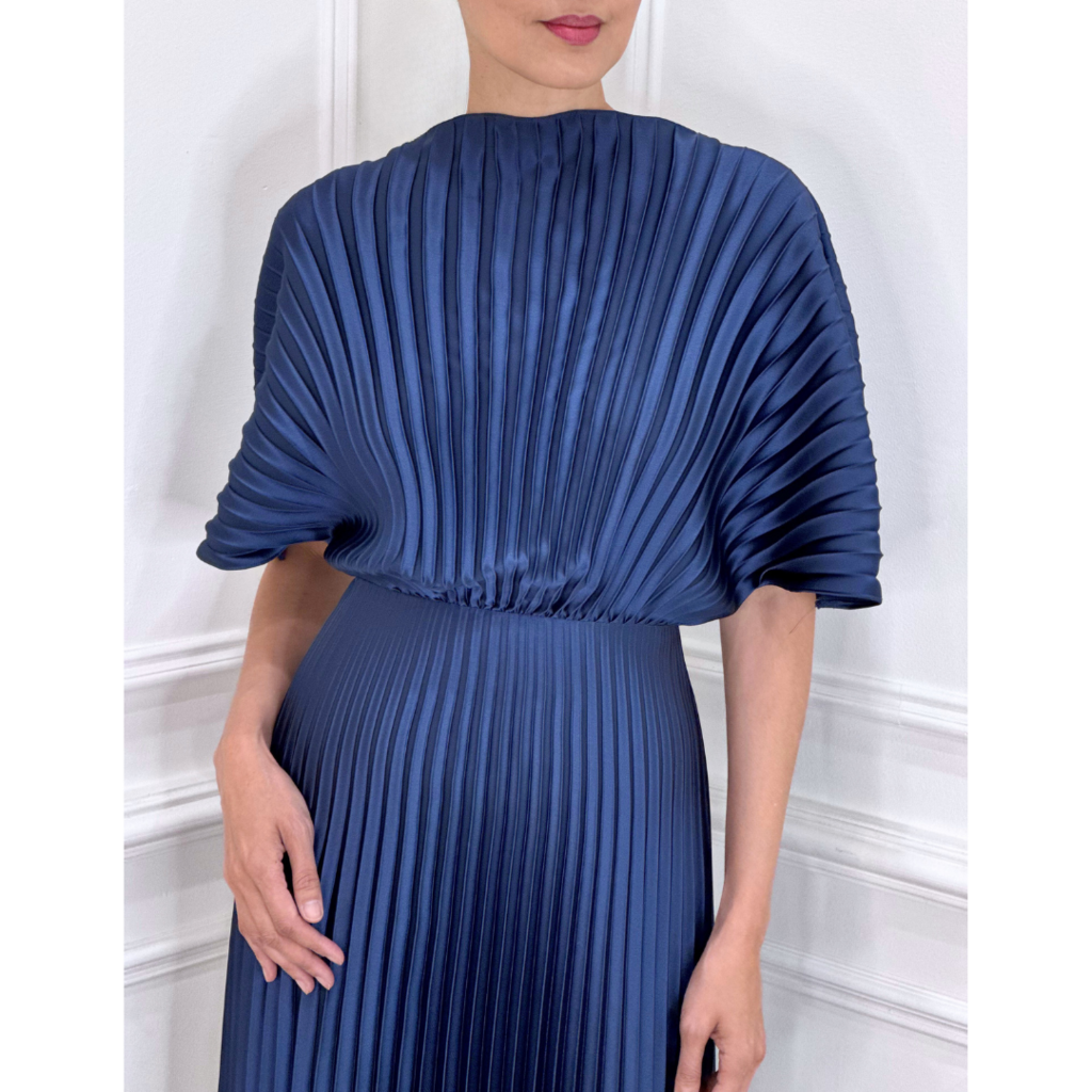 Amsale Navy Pleated Maxi Dress, 0