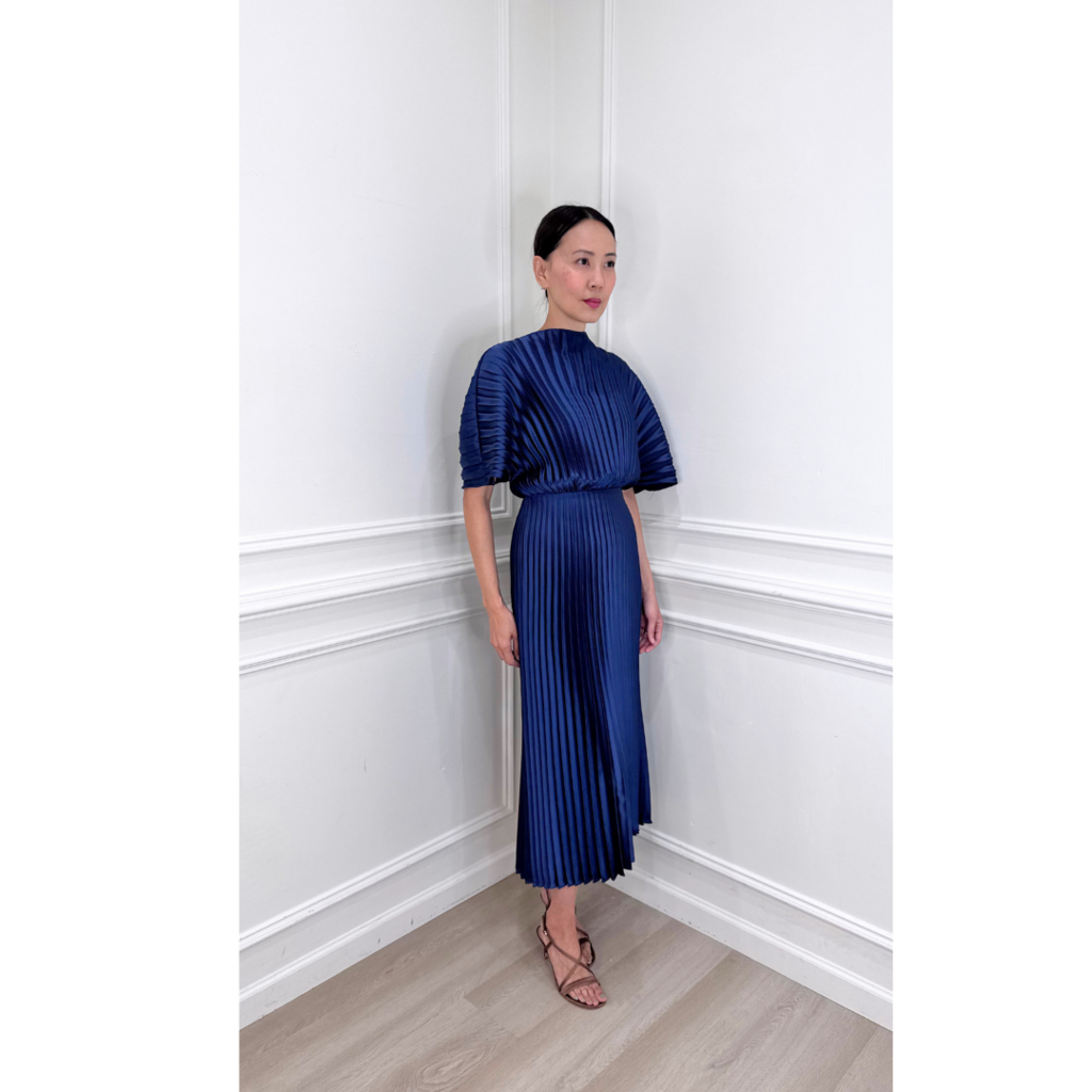 Amsale Navy Pleated Maxi Dress, 0