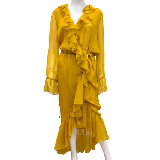 Saint Laurent Mustard Yellow Silk Ruffle Wrap Dress, 42