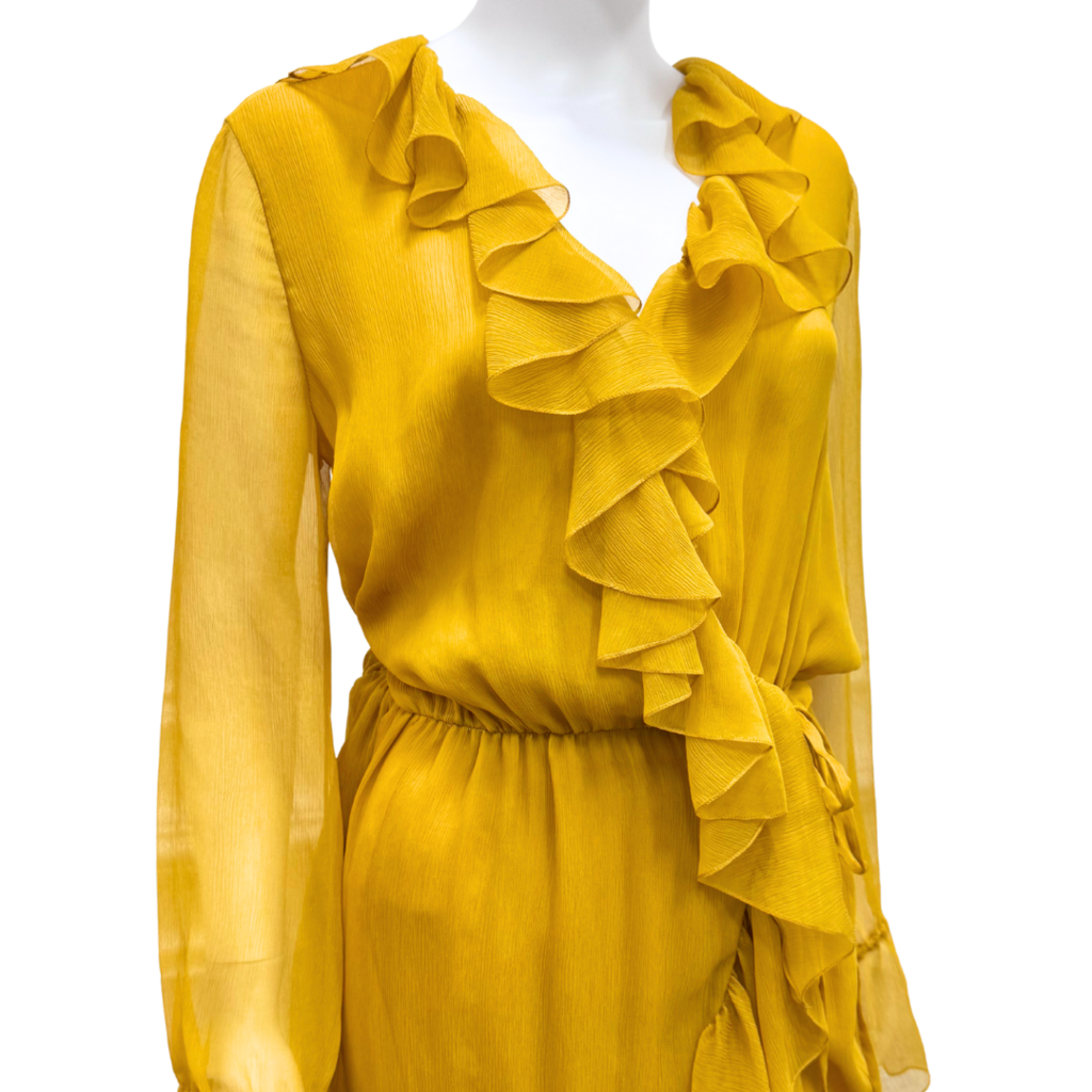 Saint Laurent Mustard Yellow Silk Ruffle Wrap Dress, 42