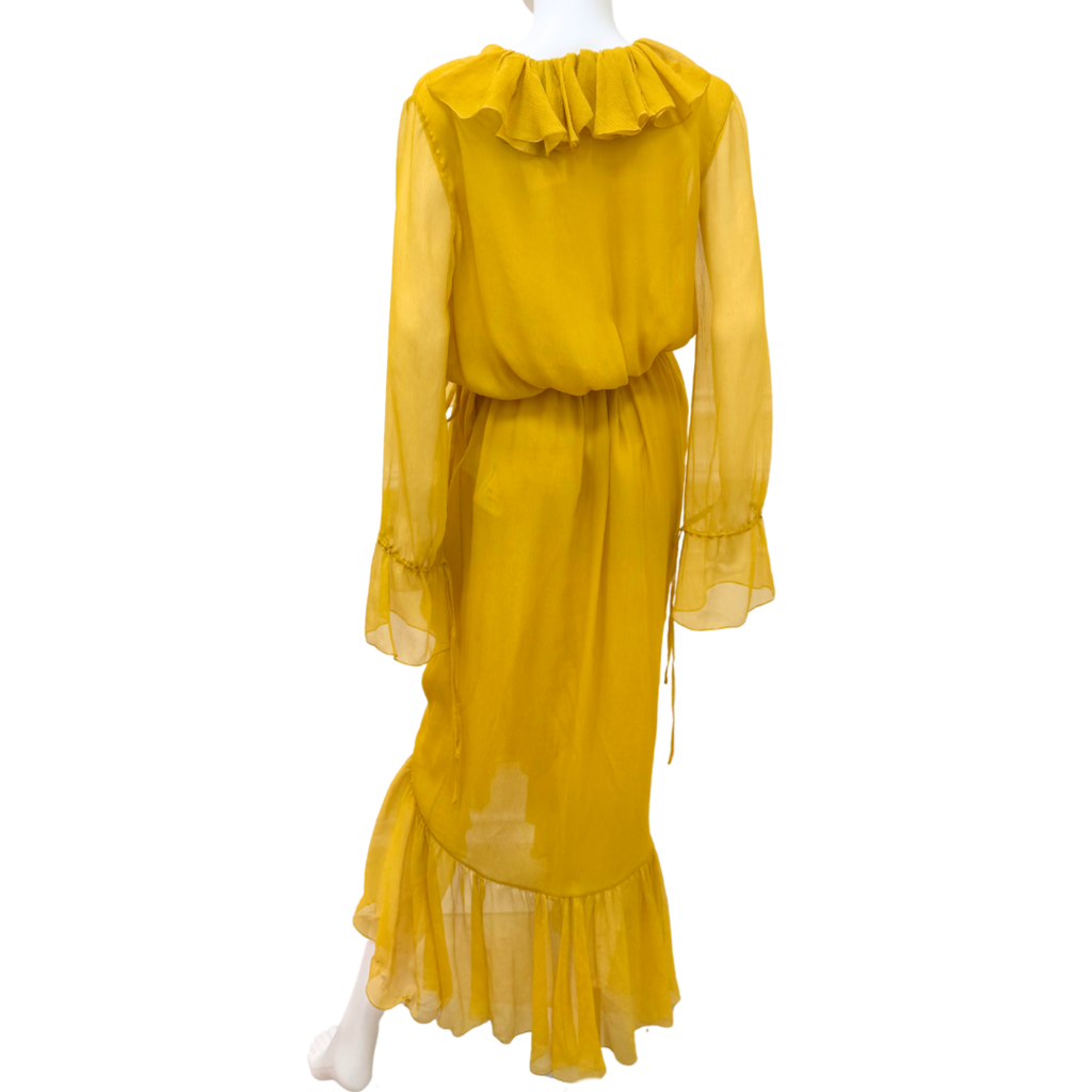 Saint Laurent Mustard Yellow Silk Ruffle Wrap Dress, 42