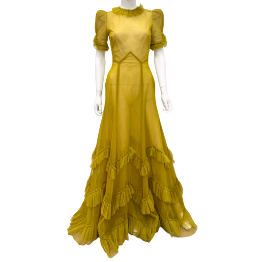 The Vampire's Wife Mustard Lace Ruffle Puff Sleeve Maxi Dress