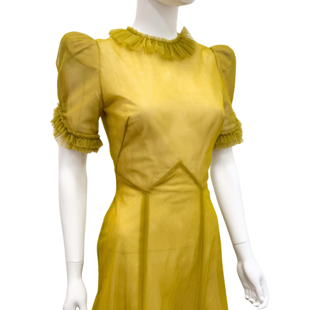 The Vampire's Wife Mustard Lace Ruffle Puff Sleeve Maxi Dress