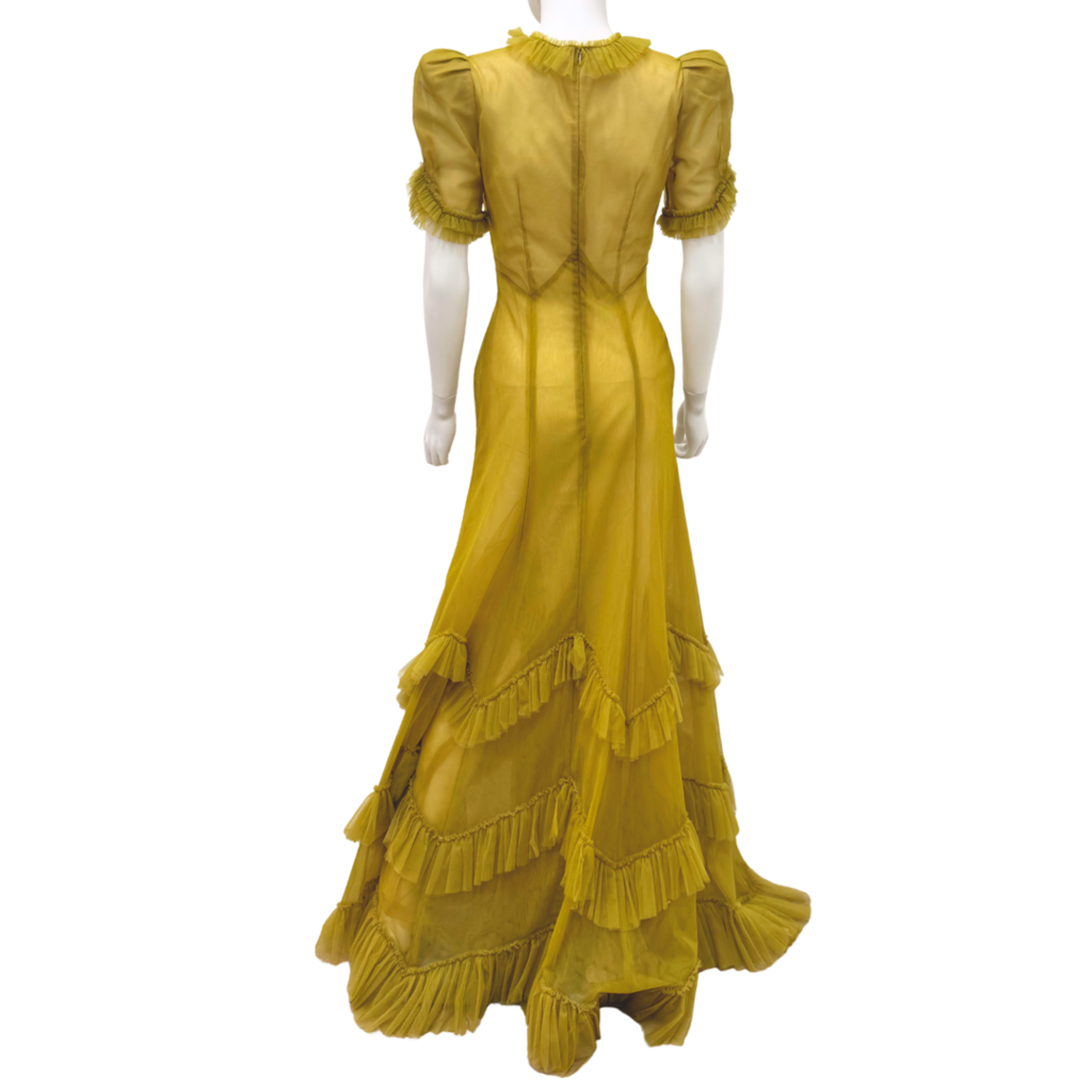 The Vampire's Wife Mustard Lace Ruffle Puff Sleeve Maxi Dress