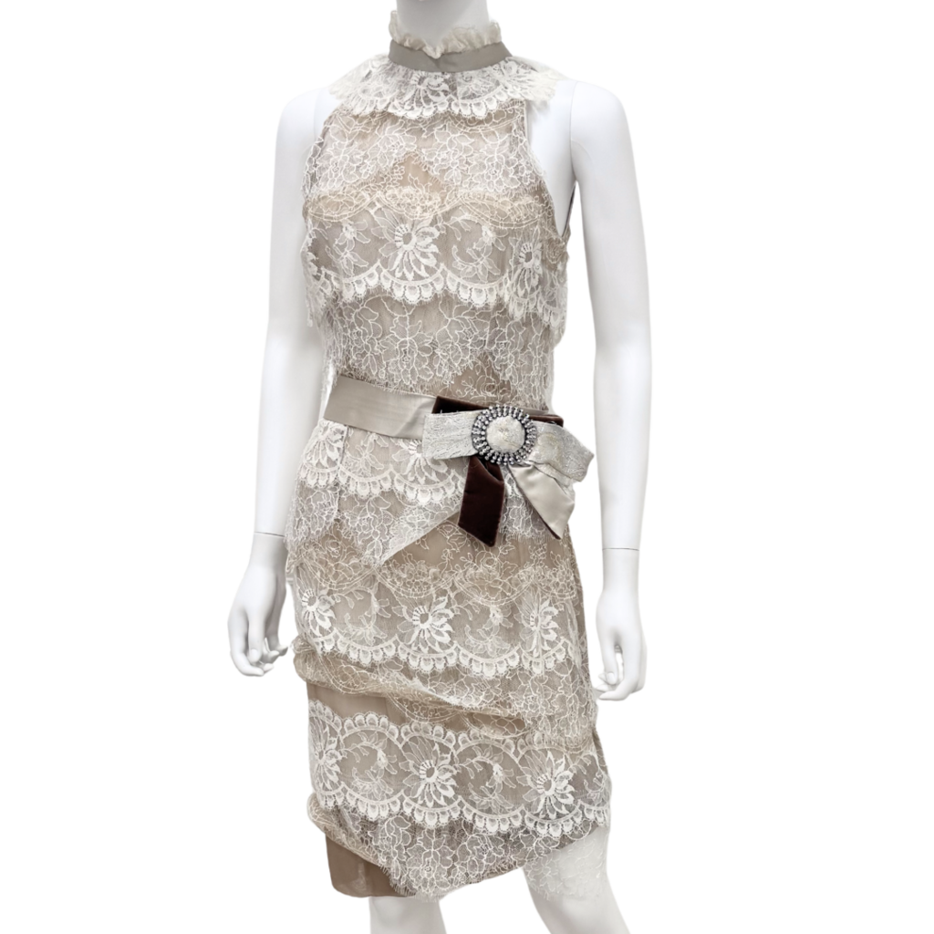 Dolce & Gabbana Beige Silk Lace Dress with Crystal Bow, 42 (AS IS)