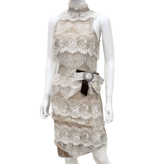 Dolce & Gabbana Beige Silk Lace Dress with Crystal Bow, 42 (AS IS)