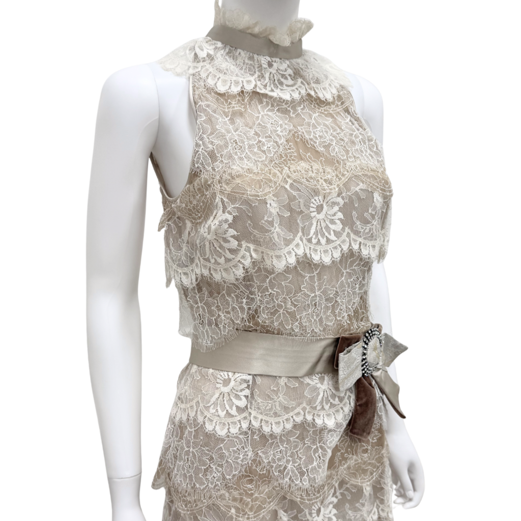 Dolce & Gabbana Beige Silk Lace Dress with Crystal Bow, 42 (AS IS)