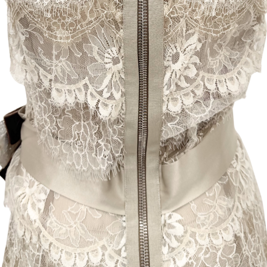 Dolce & Gabbana Beige Silk Lace Dress with Crystal Bow, 42 (AS IS)