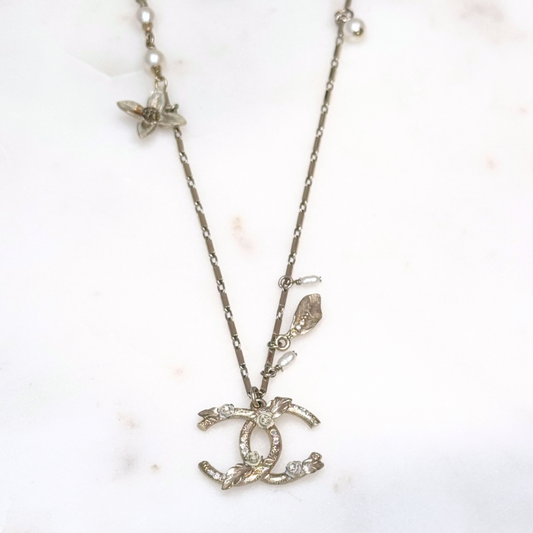 Chanel Gold CC Leaves & Flowers Pearl Charm Necklace