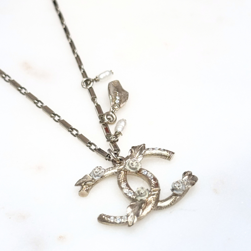 Chanel Gold CC Leaves & Flowers Pearl Charm Necklace