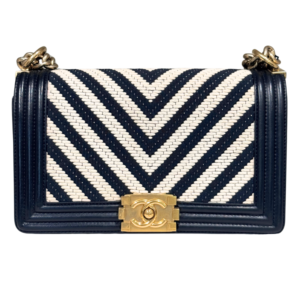 Chanel LeBoy Black & White Fabric Chevron Medium Bag