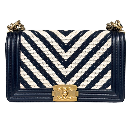Chanel LeBoy Black & White Fabric Chevron Medium Bag
