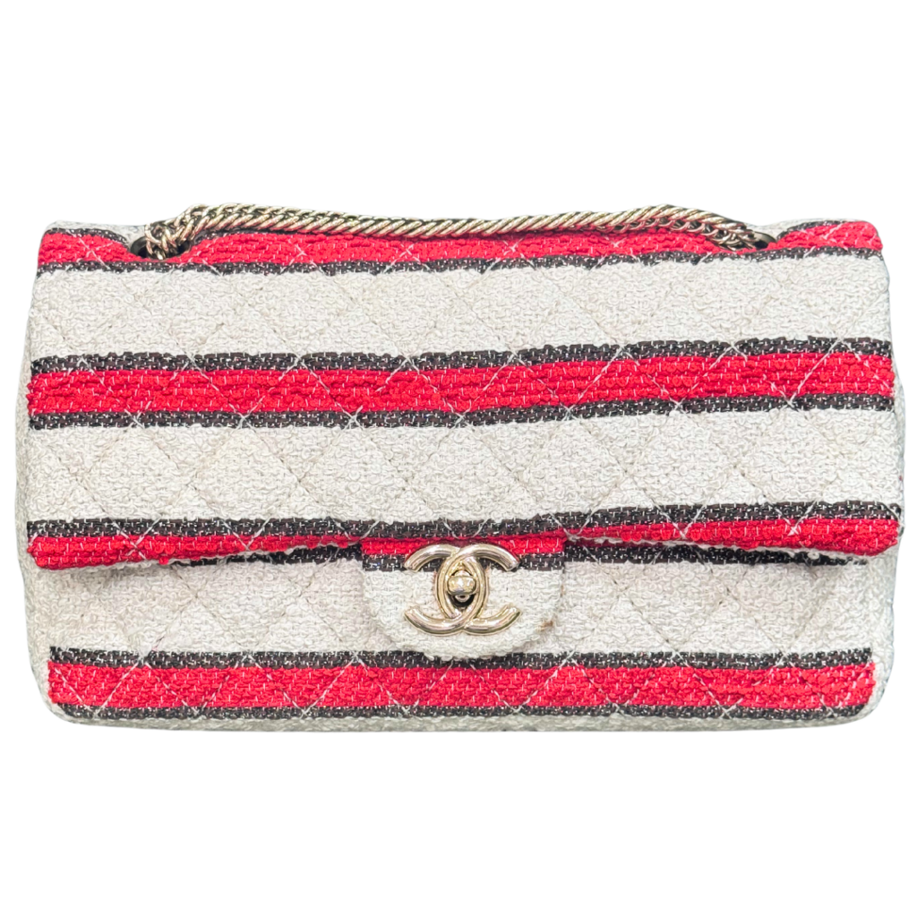 Chanel Red & Cream Striped Double Flap