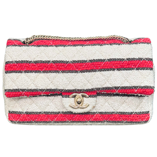 Chanel Red & Cream Striped Double Flap