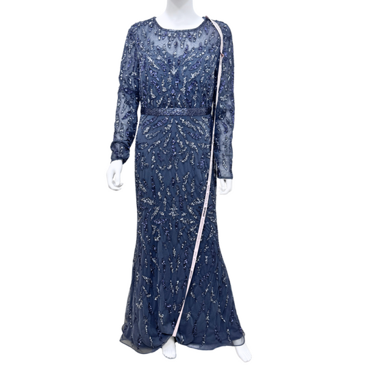 Mac Duggal Grey Mesh and Sequin Long Sleeve Gown, 12
