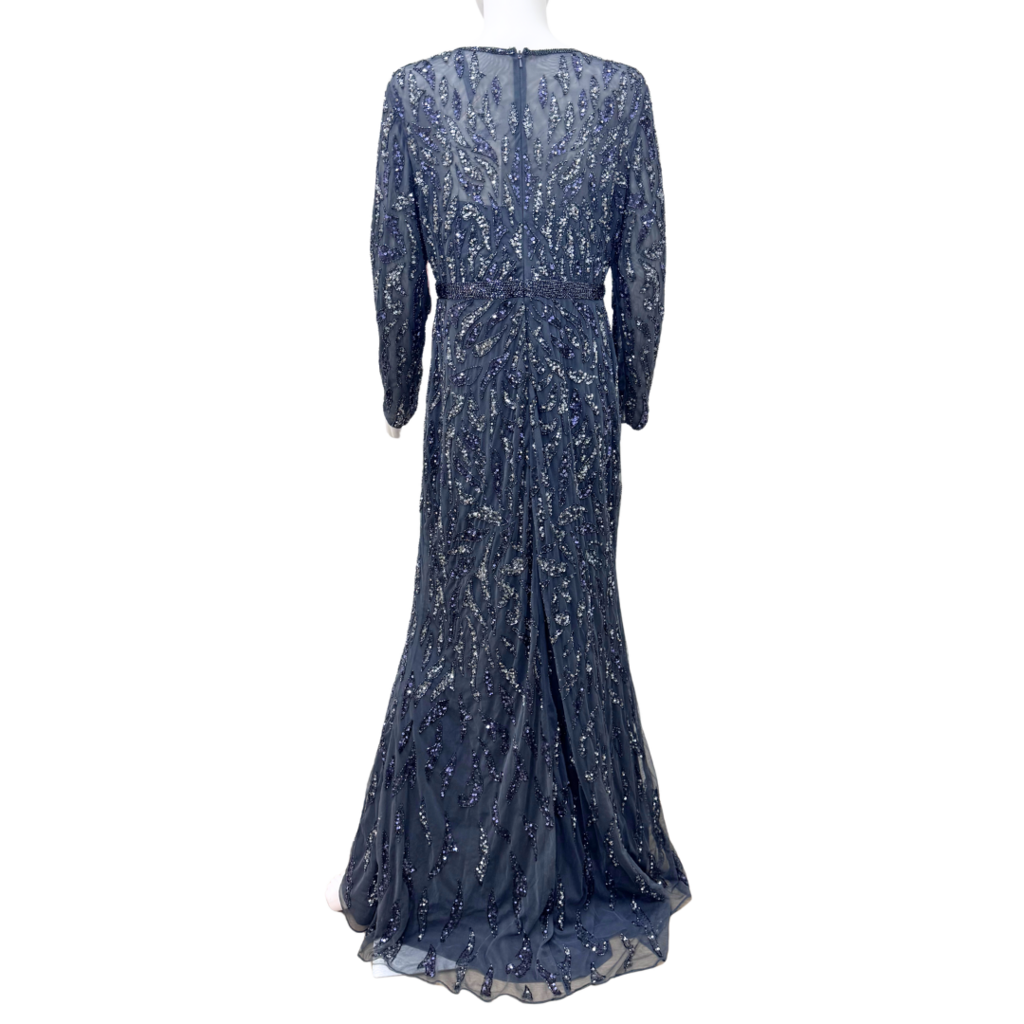 Mac Duggal Grey Mesh and Sequin Long Sleeve Gown, 12