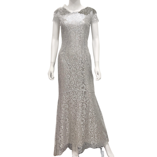 Marchesa Silver Lace Embellished Gown, 8