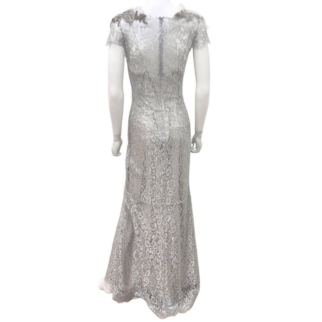 Marchesa Silver Lace Embellished Gown, 8