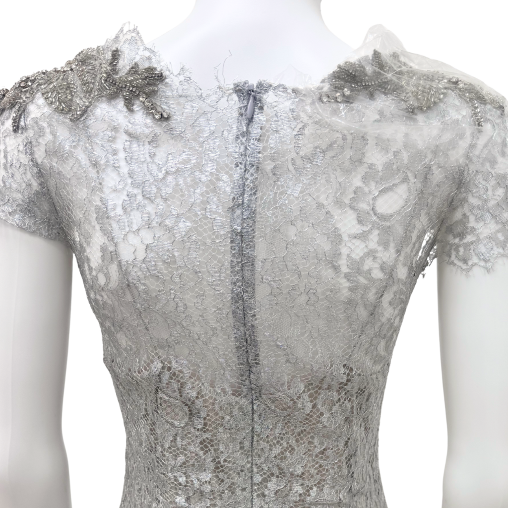 Marchesa Silver Lace Embellished Gown, 8
