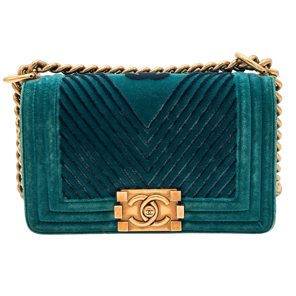 Chanel LeBoy Teal Green Velvet Quilted Bag (2017-2018)damage