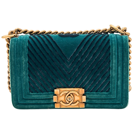 Chanel LeBoy Teal Green Velvet Quilted Bag (2017-2018)damage