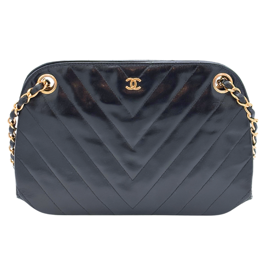 Chanel Black Chevron Kisslock Middle Bag (1989-1991)